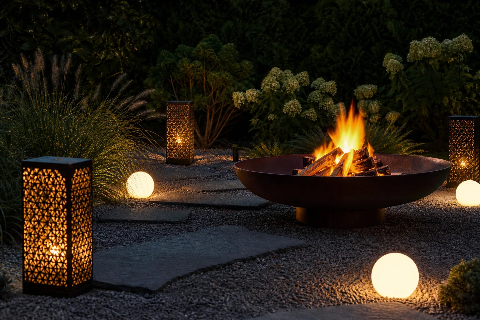 Beleuchtung und Beleuchtungselemente in Feuerschalen-Umgebung: DIY-Projekte fuer den Garten
