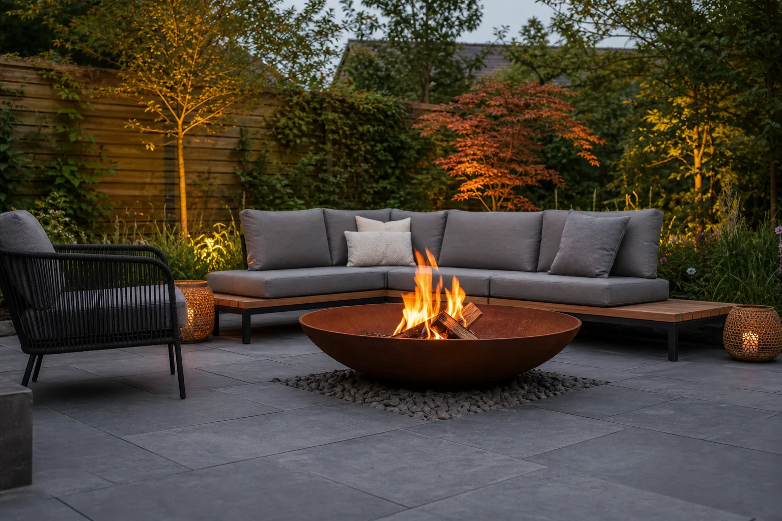 Feuerschale und Gartenmoebel kombinieren: Tipps fuer eine harmonische Outdoor-Atmosphaere