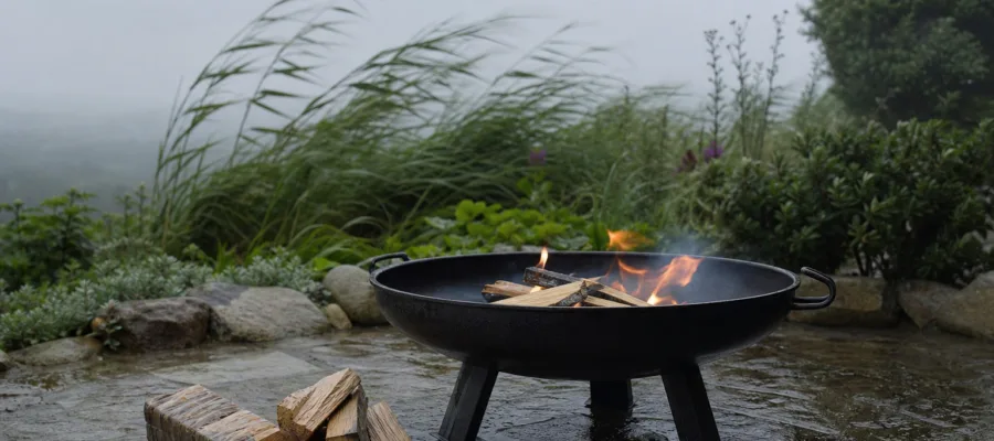 Sicheres Anzuenden einer Feuerschale bei Wind und feuchtem Wetter